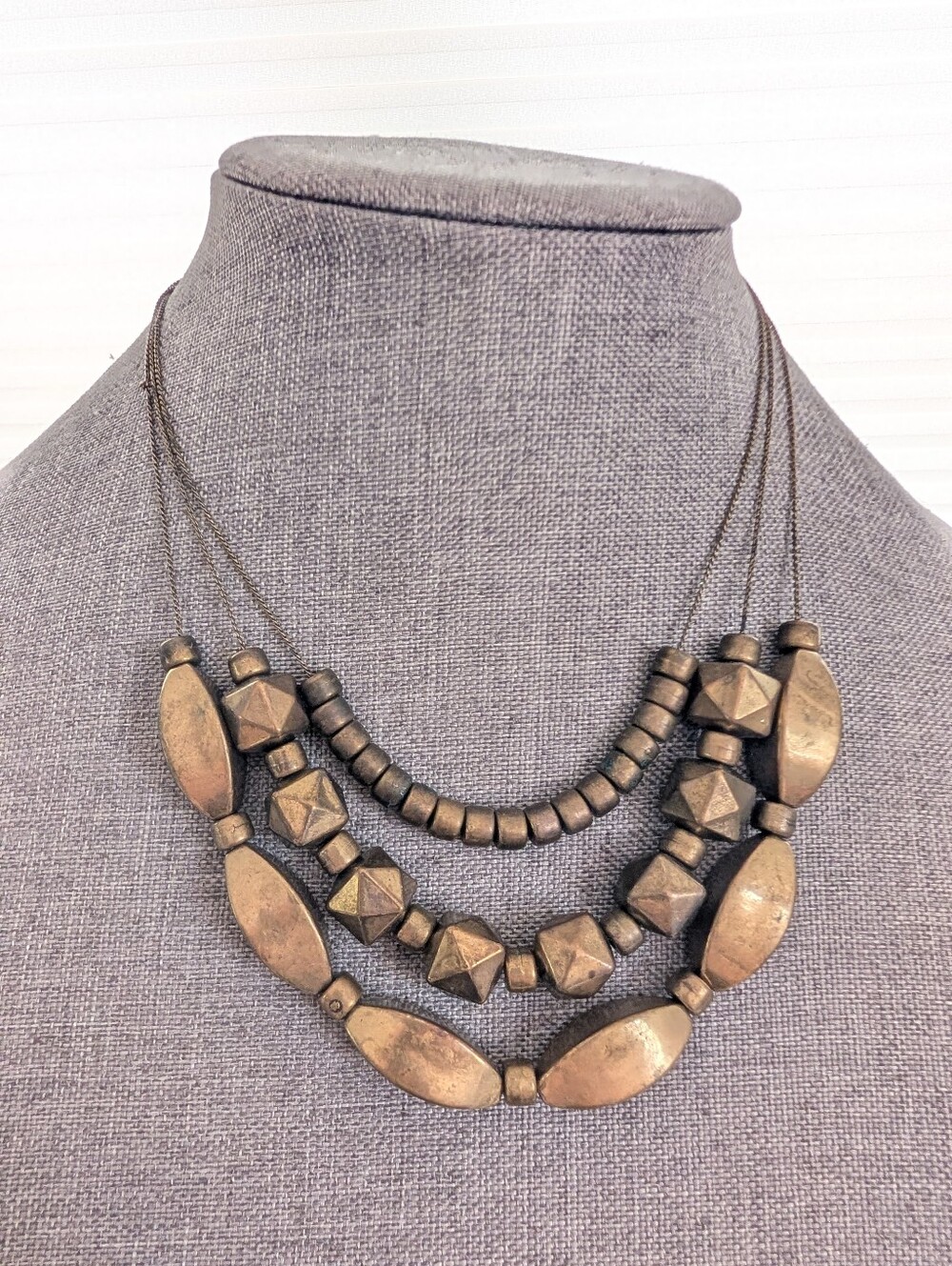 Vintage Antique Gold Tone Triple Strand Boho Style Beaded Layered Necklace